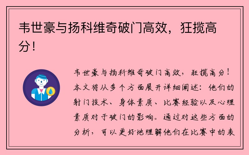 韦世豪与扬科维奇破门高效，狂揽高分！