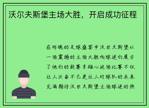 沃尔夫斯堡主场大胜，开启成功征程